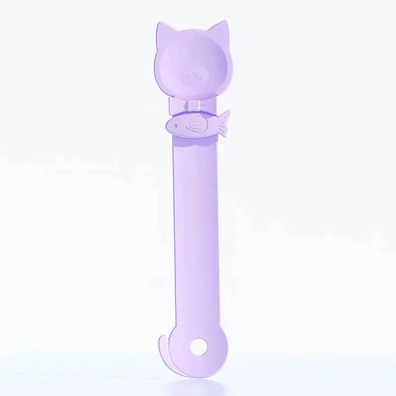 Purple Cat Strip Spoon Feeder with fixed ring buckle and hanging hole for safe, mess-free cat treat feeding