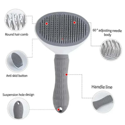 Self cleaning pet grooming tool with stainless steel bristles, ergonomic handle, and easy clean features for cats and dogs.
