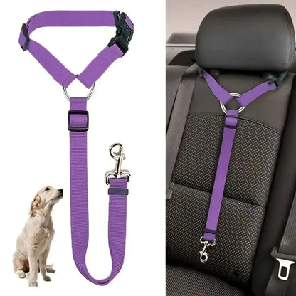 Adjustable single dog seat belt for car headrest safety.