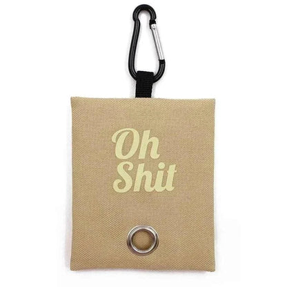 Portable "Oh Sh!t" poop bag dispenser with carabiner for dog waste.