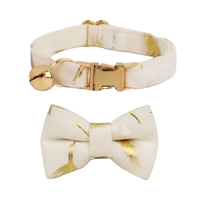 Personalised cat collar with optional bow, soft and adjustable, gold accents.