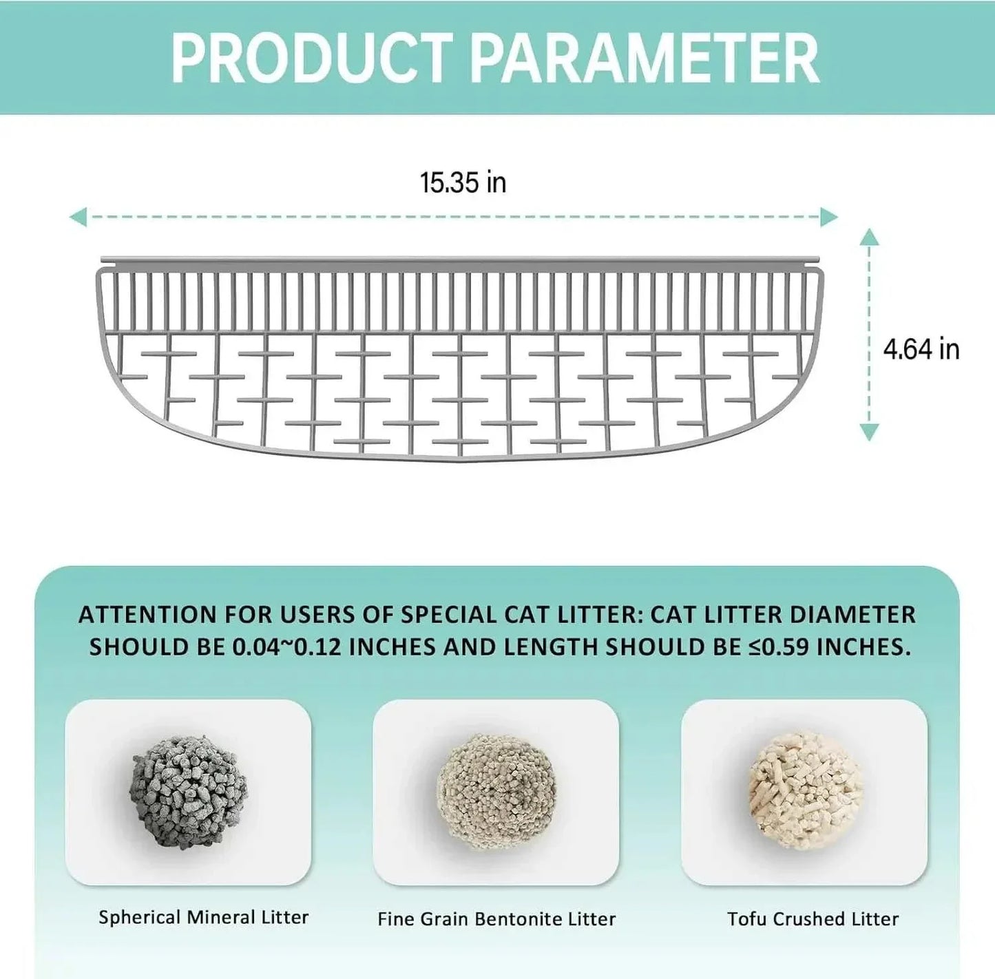 Tonepie Smart Cats Litter Box replacement part with 15.35 inch length and 4.64 inch height, compatible with specific cat litter types.