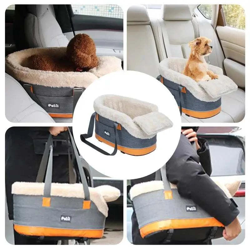 Center console car seat for pets, secure travel bag for small dogs and cats.