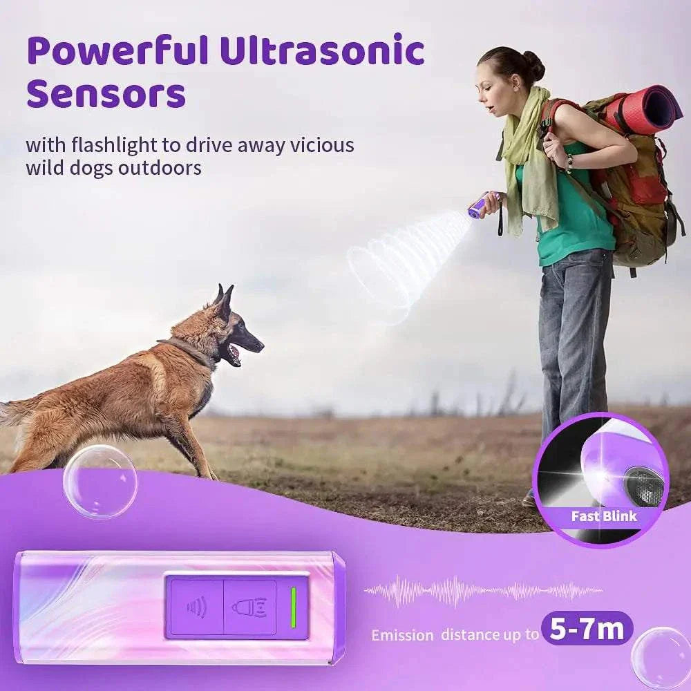 Ultrasonic Dog Trainer with flashlight repelling a dog outdoors, compact and rechargeable device emitting sound up to 5-7 meters.