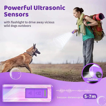 Ultrasonic Dog Trainer with flashlight repelling a dog outdoors, compact and rechargeable device emitting sound up to 5-7 meters.