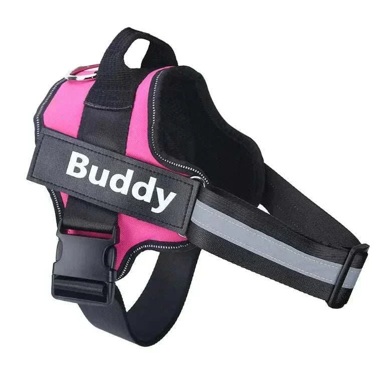 No-pull reflective dog harness with customizable ID patch, adjustable straps, and safety visibility.