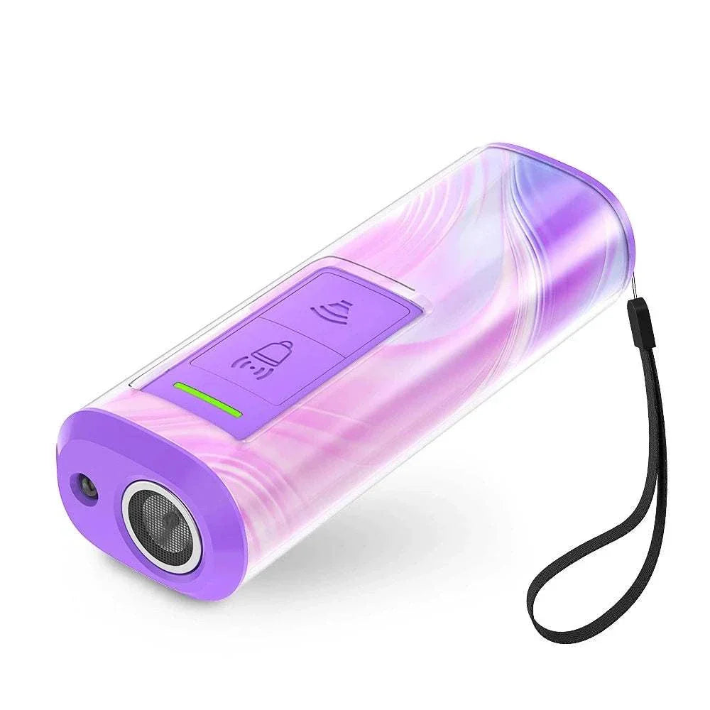 compact rechargeable ultrasonic dog trainer and repeller with flashlight and wrist strap in purple and pink