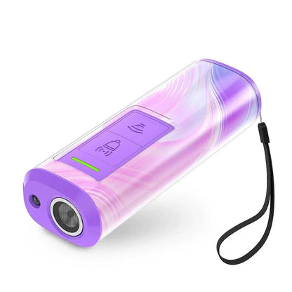 compact rechargeable ultrasonic dog trainer and repeller with flashlight and wrist strap in purple and pink