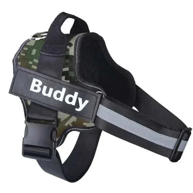 No-pull reflective dog harness with customizable ID patch and adjustable straps.