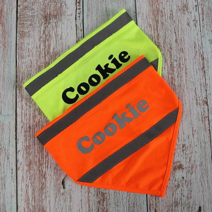 Reflective dog safety bandana personalized with dog’s name on soft breathable cotton for visibility and comfort