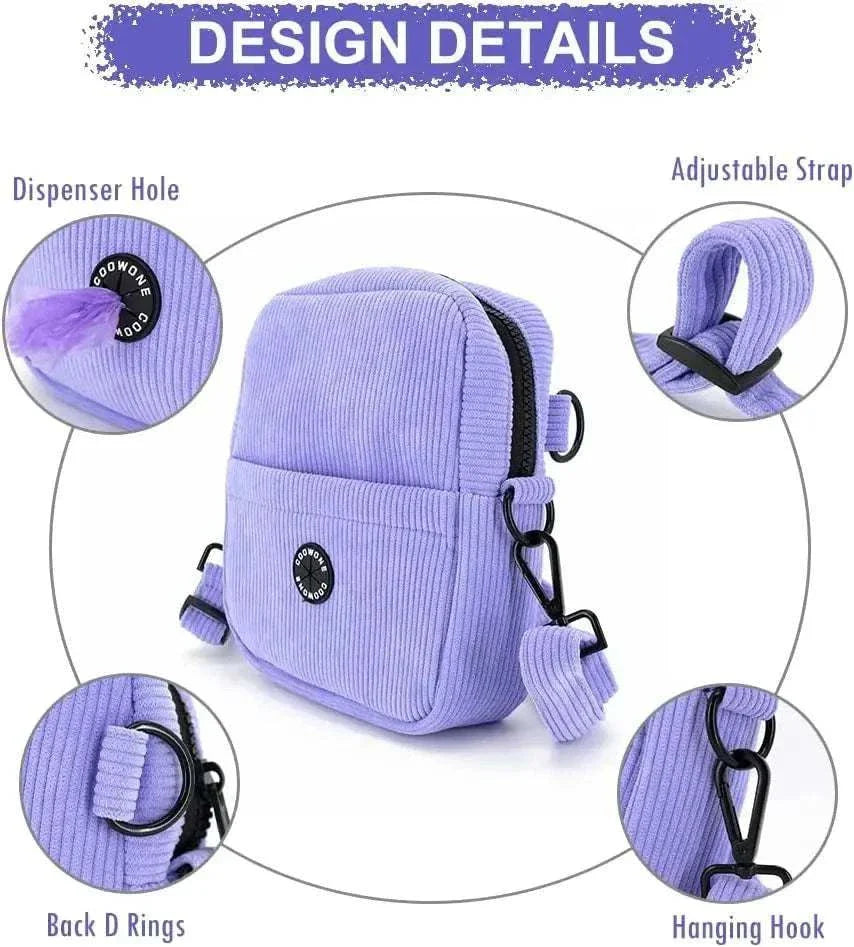 Corduroy Velvet Dog Treat Pouch with Adjustable Strap and Poop Bag Dispenser, Ideal for Training and Walking.