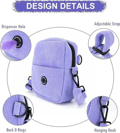 Corduroy Velvet Dog Treat Pouch with Adjustable Strap and Poop Bag Dispenser, Ideal for Training and Walking.