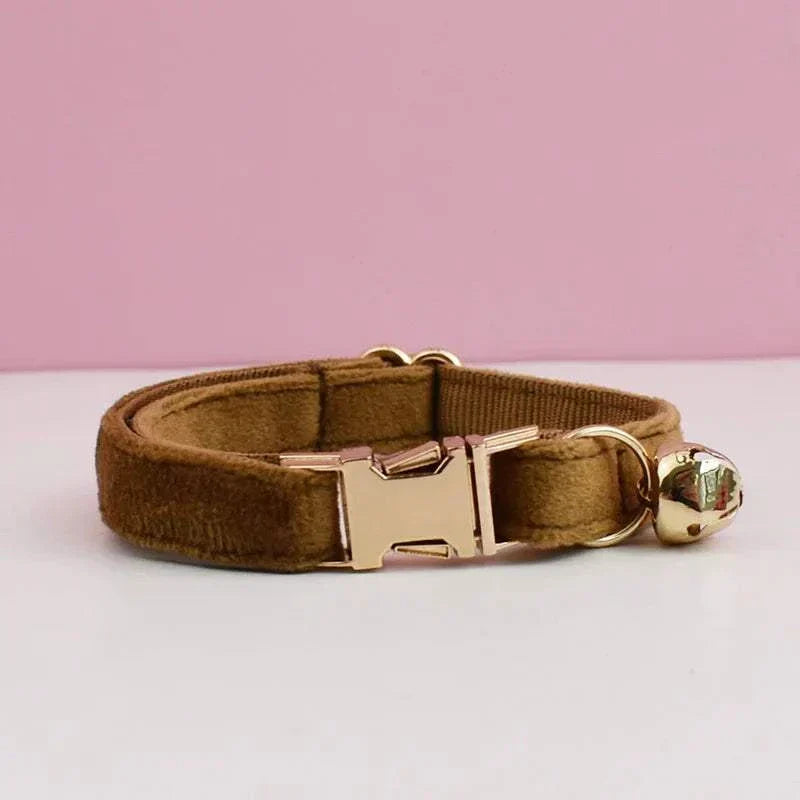 Luxury velvet cat collar in brown with gold buckle and bell, adjustable and soft velvet material
