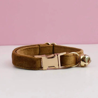 Luxury velvet cat collar in brown with gold buckle and bell, adjustable and soft velvet material