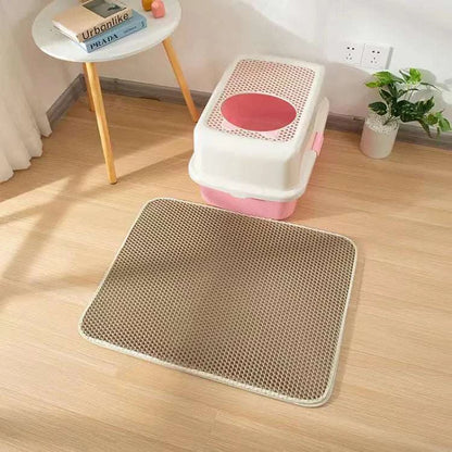 Cat litter mat with double layer honeycomb design, waterproof and urine proof material for easy cleaning.