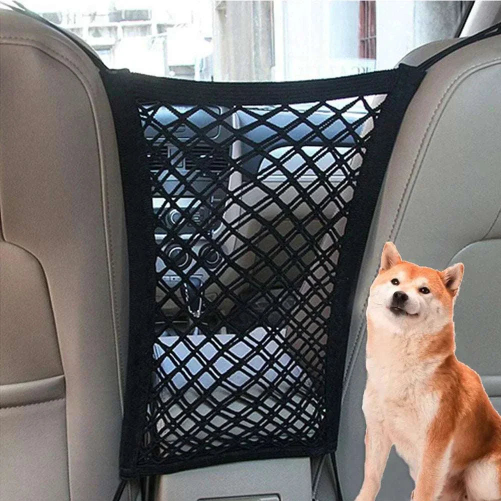 Pet front seat isolation net in black mesh design, promoting air circulation and pet safety in car.