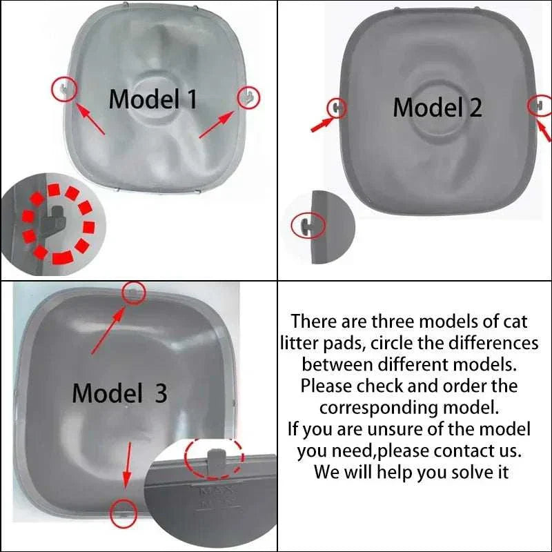 Tonepie Smart Cats Litter Box replacement parts for Model 1, 2, and 3 with detailed compatibility features.