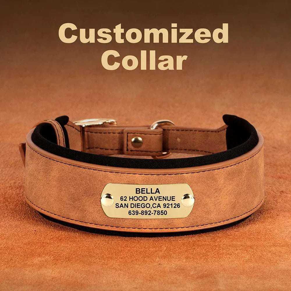 Customised wide dog collar made of soft PU leather for medium and large dogs with engraved plate for personalization.