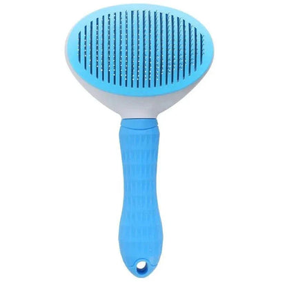Self cleaning pet grooming tool in blue, stainless steel, for cats and dogs.