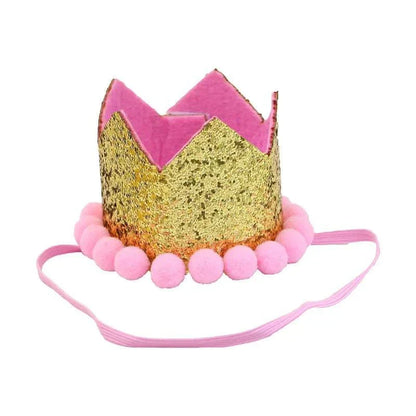 Birthday hat and bandanna for dogs, gold glitter with pink trim, festive pet accessory.
