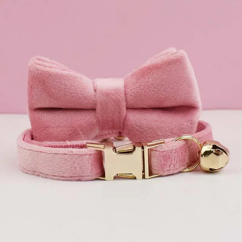Luxury velvet cat collar in pink with bow tie, gold bell, and buckle clasp, personalized with nameplate option