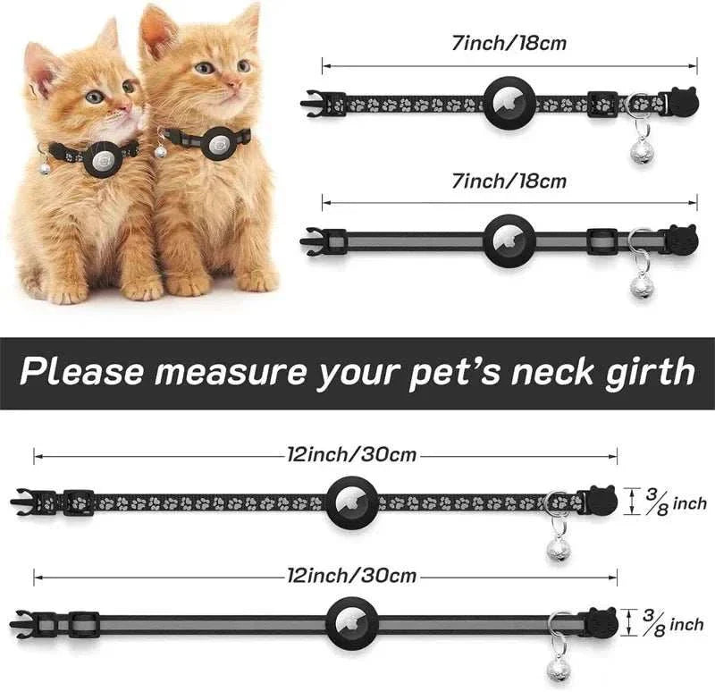 Breakaway cat collar with adjustable fit, bell, and built-in Airtag holder for pet safety and style.