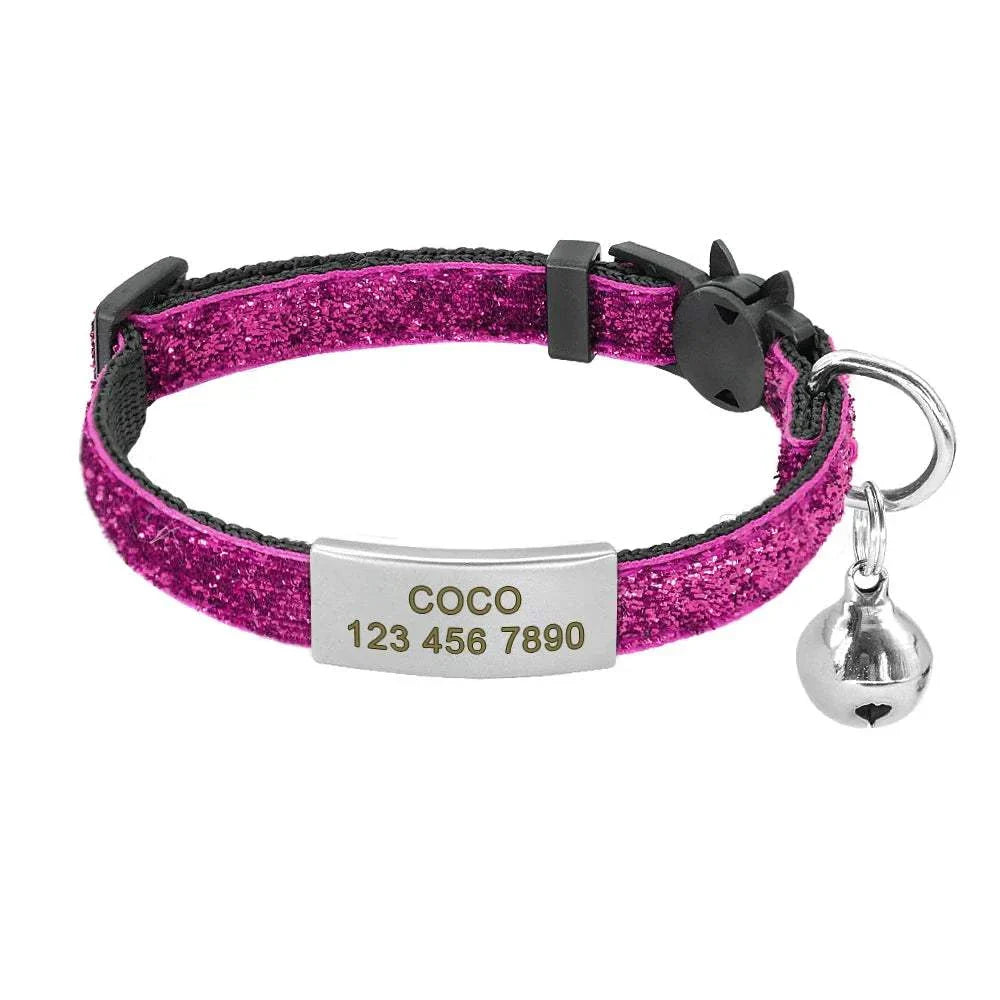 Personalised 1cm Width Cat Collar with Bell and Breakaway Design, Pink Sparkle, Custom Engraving.