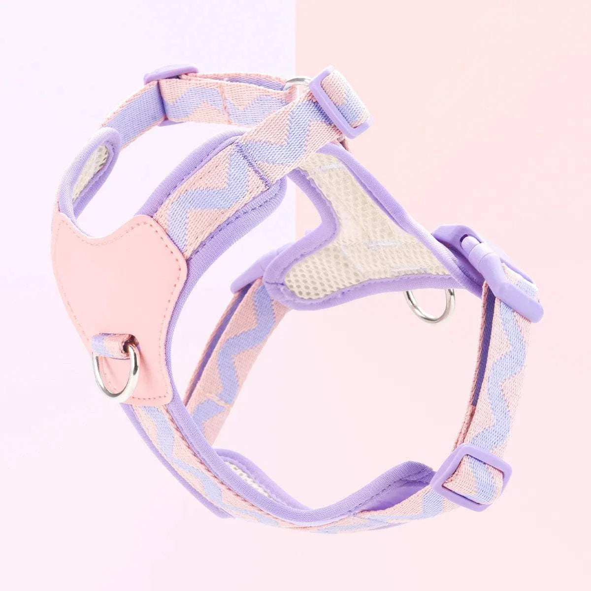 Small dog harness with pink and purple printed ribbon design and adjustable straps