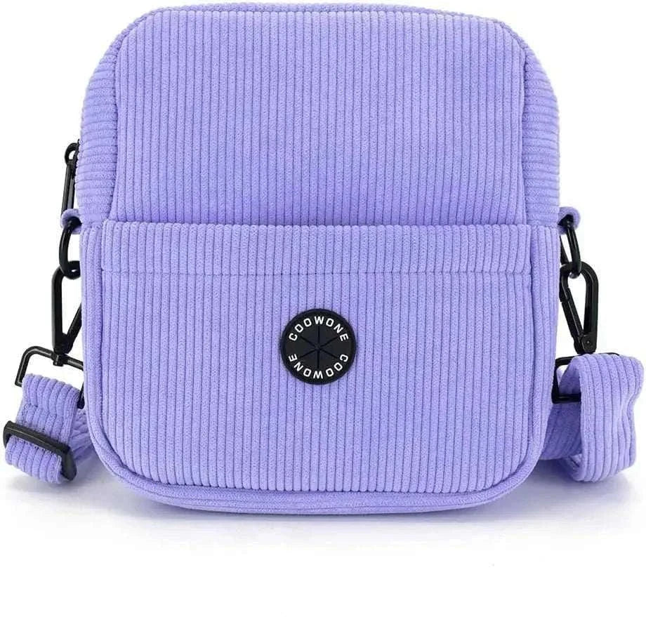 Corduroy Velvet Dog Treat Pouch with adjustable strap and poop bag dispenser.
