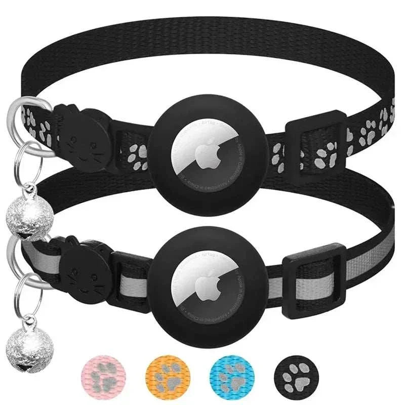 Adjustable black breakaway cat collar with built-in Airtag holder, reflective paw prints, and silver bell