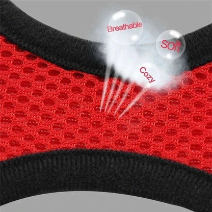 Soft and breathable adjustable harness for cat in red mesh fabric.