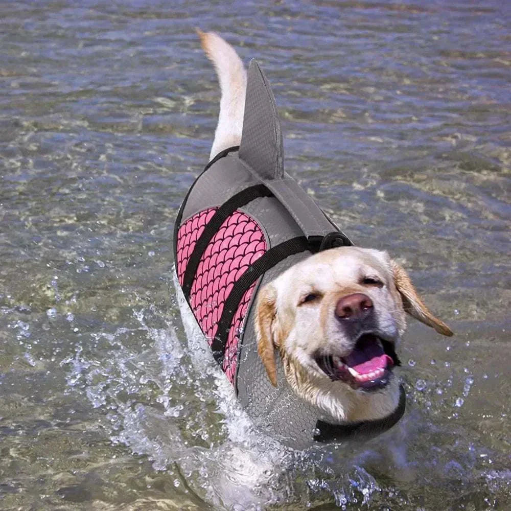 Dog swimming in water wearing a pink shark fin life jacket with camouflage design for safety and buoyancy