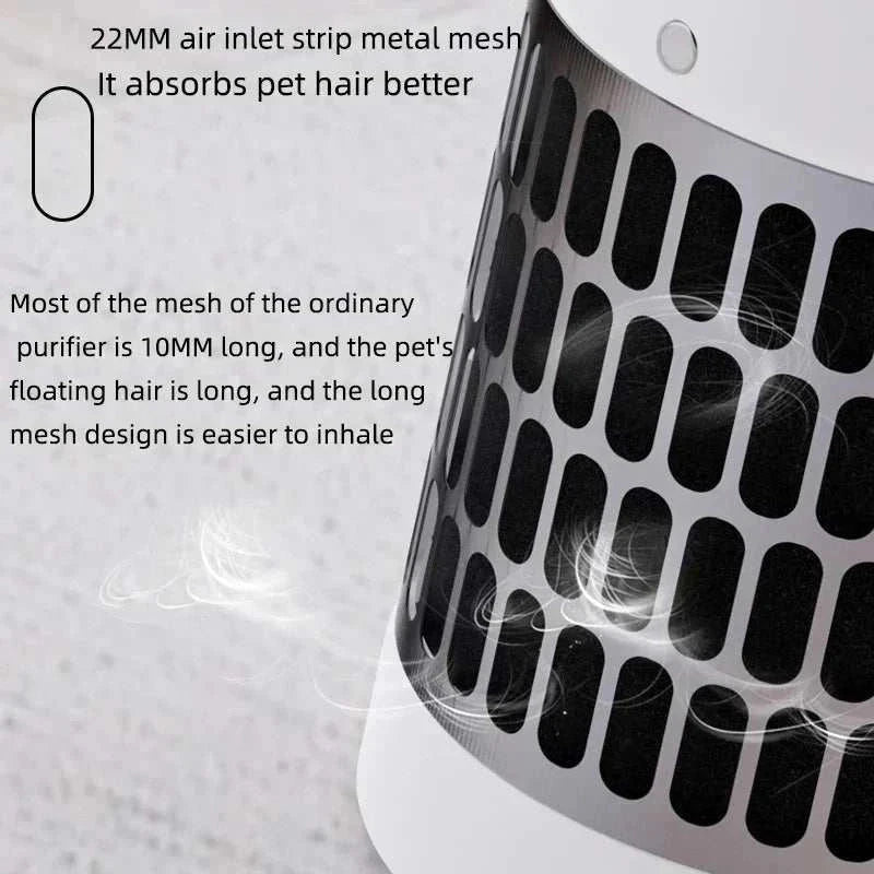 Pet air purifier with HEPA filter, showing 22mm air inlet design for better pet hair absorption.