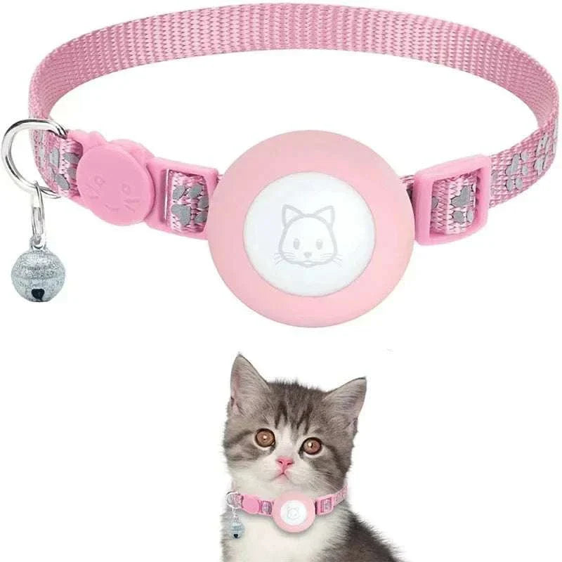 Pink adjustable breakaway cat collar with bell and Airtag holder for kitten safety and style