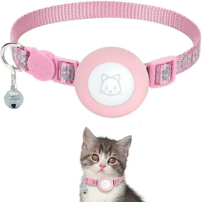 Pink adjustable breakaway cat collar with bell and Airtag holder for kitten safety and style