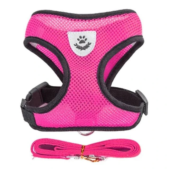 Adjustable pink harness for cats with leash, soft and breathable design.