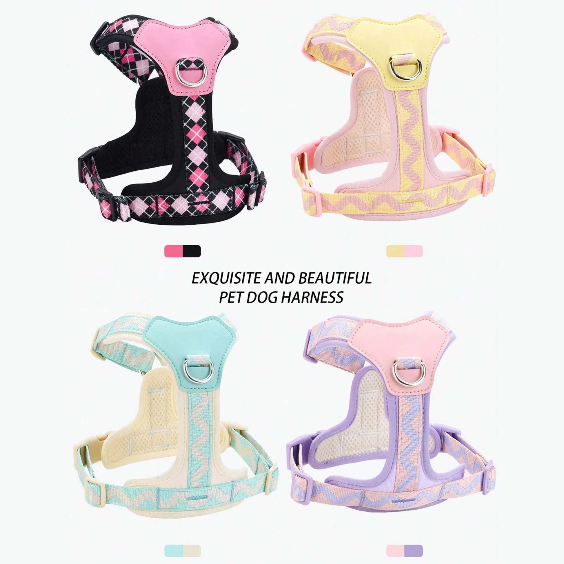 Printed ribbon dog harnesses in pink, yellow, turquoise, and purple with adjustable straps and breathable fabric for small to medium dogs