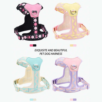 Printed ribbon dog harnesses in pink, yellow, turquoise, and purple with adjustable straps and breathable fabric for small to medium dogs