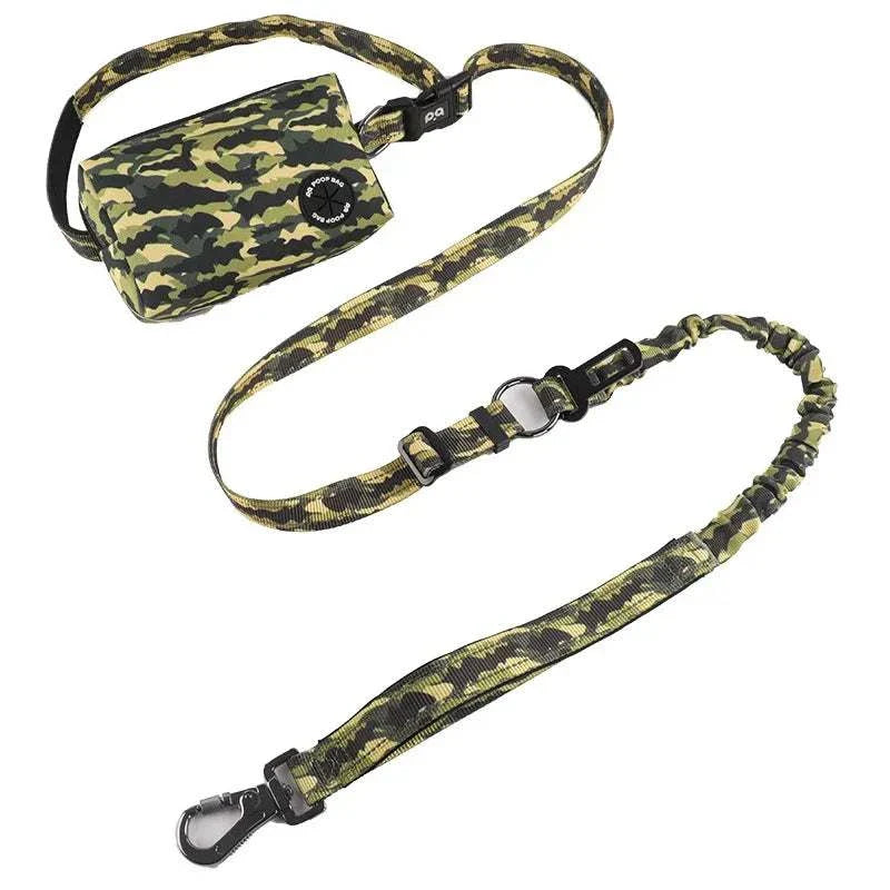 Camo reflective dog bungee leash with attached storage bag and poop dispenser for hands-free walking