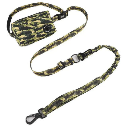 Camo reflective dog bungee leash with attached storage bag and poop dispenser for hands-free walking