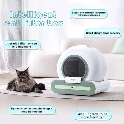 TONEPIE 2.0 Automatic Smart Cat Litter Box with self-cleaning feature in a modern living room setting.