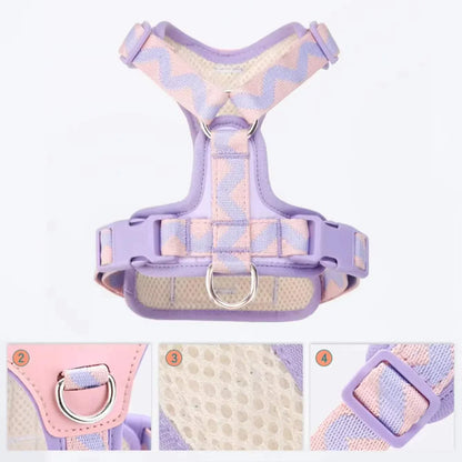 Purple and pink printed ribbon dog harness with adjustable straps and breathable mesh material