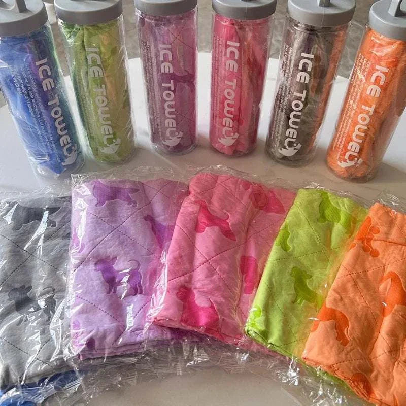 Colorful pet super absorbent drying towels for dogs and cats in various shades with storage buckets displayed behind.