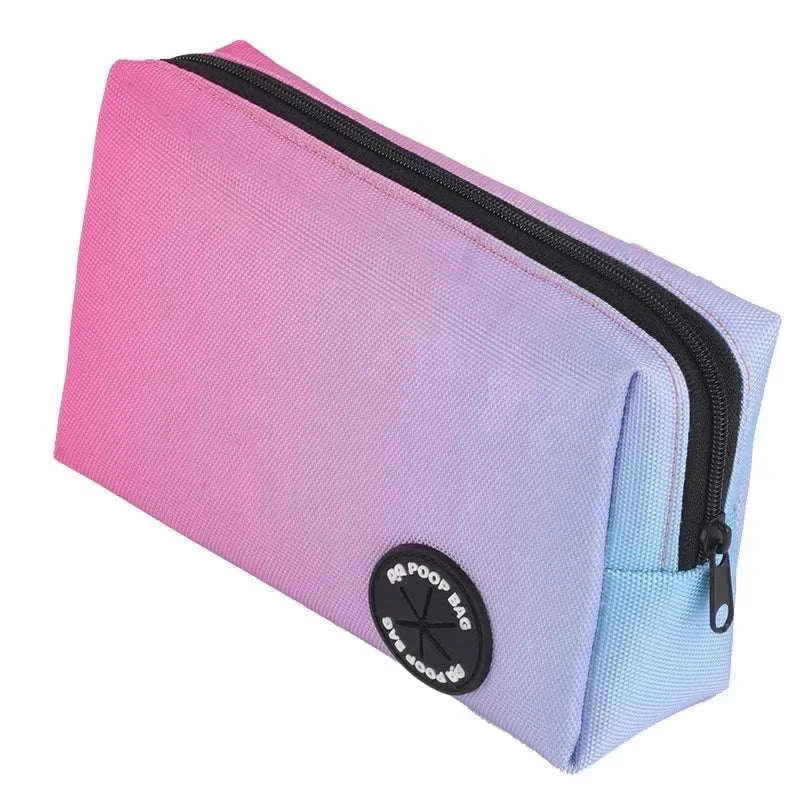 Compact pink and purple gradient dog leash bag with zipper and poop bag dispenser for reflective dog bungee leash system