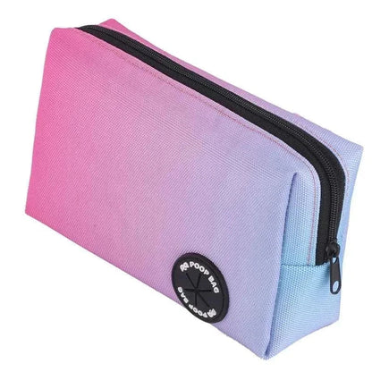 Compact pink and purple gradient dog leash bag with zipper and poop bag dispenser for reflective dog bungee leash system