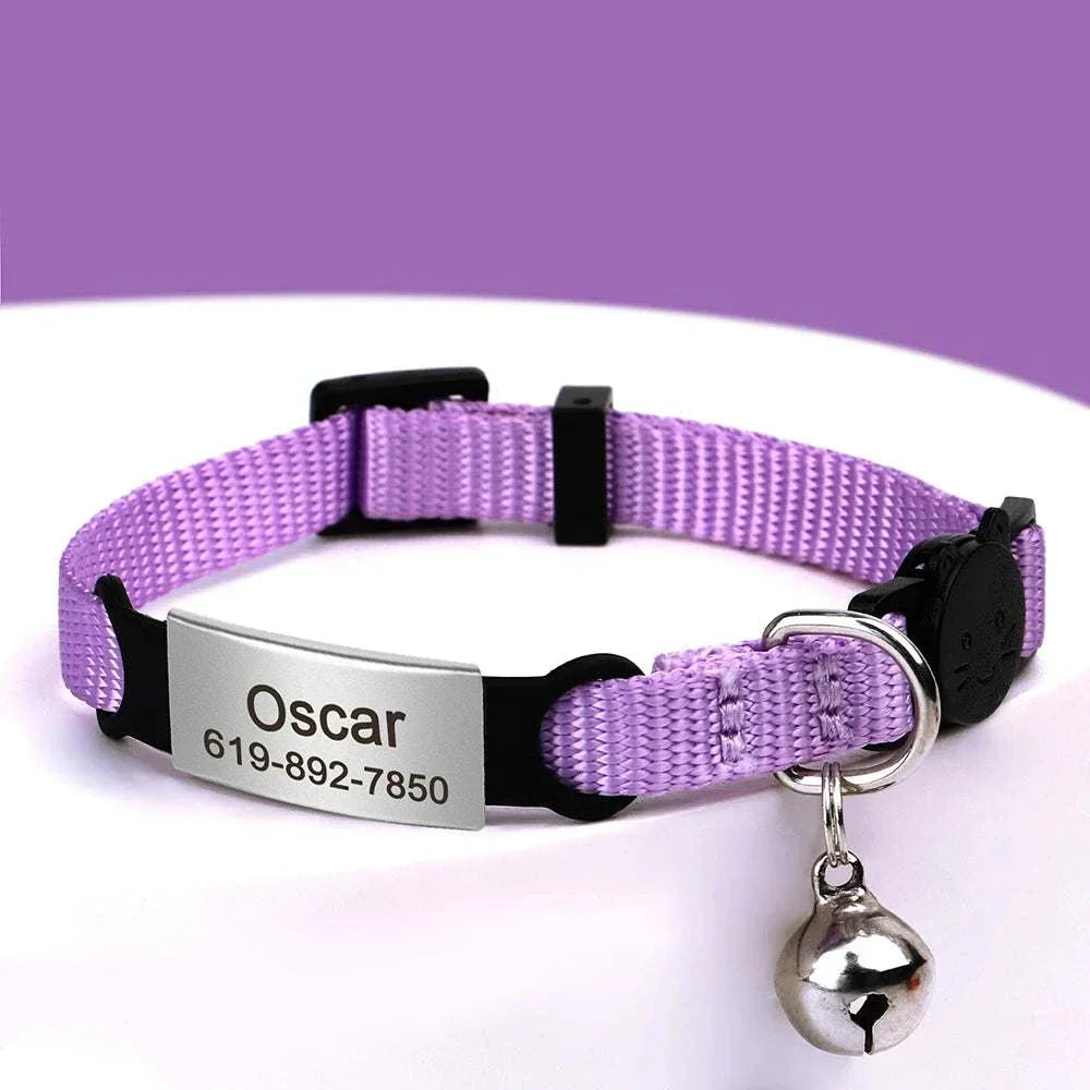 Personalised 1cm width cat collar with bell and breakaway design in purple.