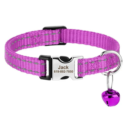 Personalised adjustable cat collar with custom ID nameplate and bell in vibrant purple.