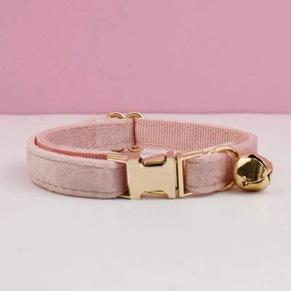 Luxury pink velvet cat collar with gold buckle and bell, adjustable and soft material