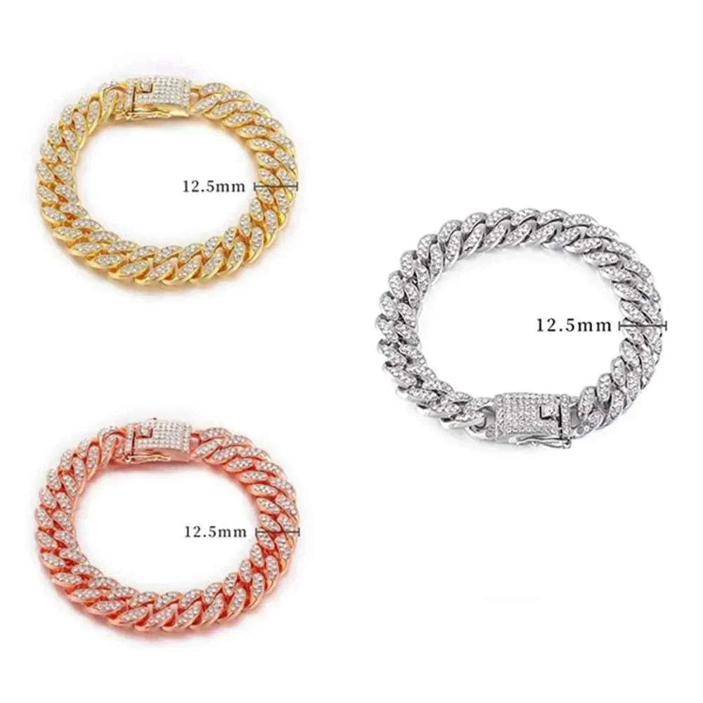Luxury dog collar in silver, rose gold, and gold with rhinestones, 12.5mm width.