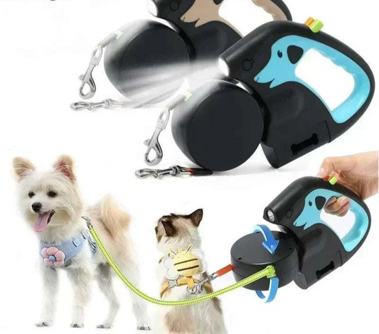 3m rotating retractable dog leash for two dogs with flashlight and poop bag holder.